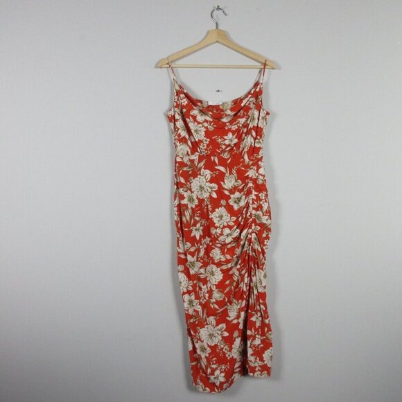 Christy Lynn Claude Silk Floral Midi Dress Cowl Neck Ruched Side Slit Red M 200 - Picture 1 of 12